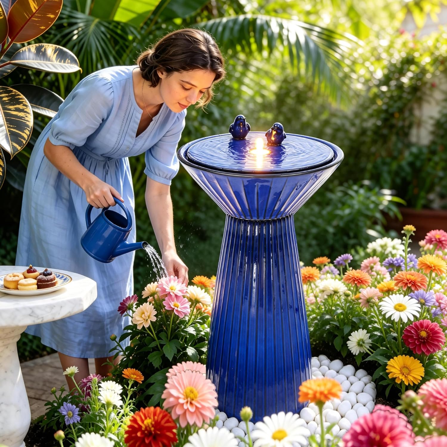 28' Tall Ceramic Outdoor Fountain and Waterfalls, Patio Fountain with LEDs, Birdbath for Outside, Soothing Water Feature for Relaxing Front Porch, Garden, Backyard, Cobalt Blue, 2KD Birds