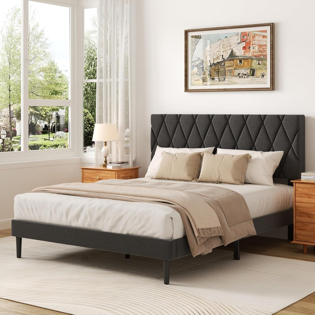 CXVX Queen Size Bed Frame with Diamond Tufted Headboard, Linen Upholstered Platform Bed and Wooden Slat Support, Noise-Free, No Box Spring Needed, Easy Assembly, Dark Grey
