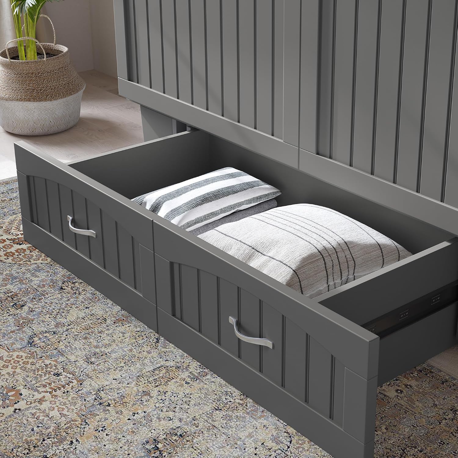 AFI, Nantucket Queen Murphy Bed Chest with Mattress, Storage Drawer and Built-In USB Charger, Grey