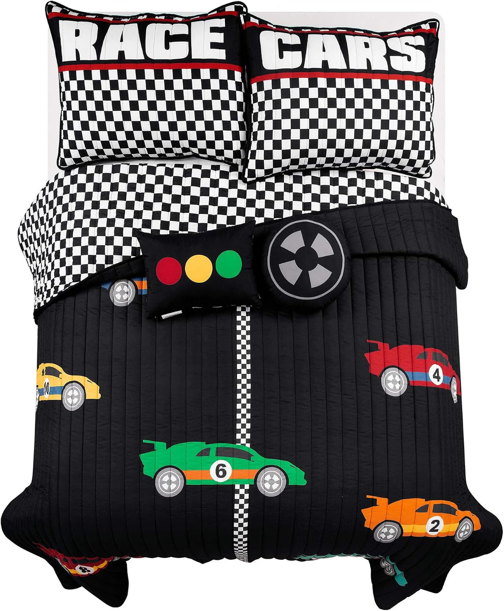 Lush Decor Racing Cars Reversible Quilt Queen Size 5 Piece Set Full/Queen Black & Multi - Kids Bedding Set Queen Quilt - Car Decor