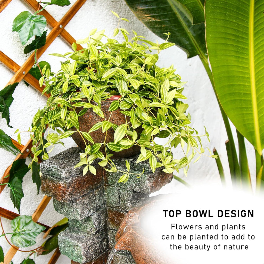 39.37''H Outdoor Water Garden Fountain 5-Tiers Cascading Bowl and Stacked Stones Waterfall Water Feature Indoor Bowl Planter Water Fountain Decor with LED Lights for Garden Patio Porch Backyard