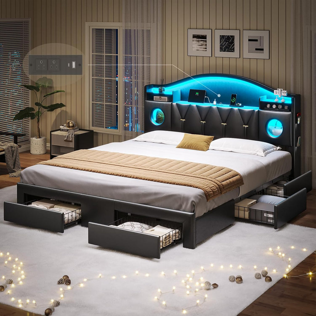 California King Bed Frame with 6 Storage Drawers, Platform Cal King Bed Frame with Headboard, LED Lights&Charging Station, Noise-Free, No Box Spring Needed, Easy Assembly, PU Black