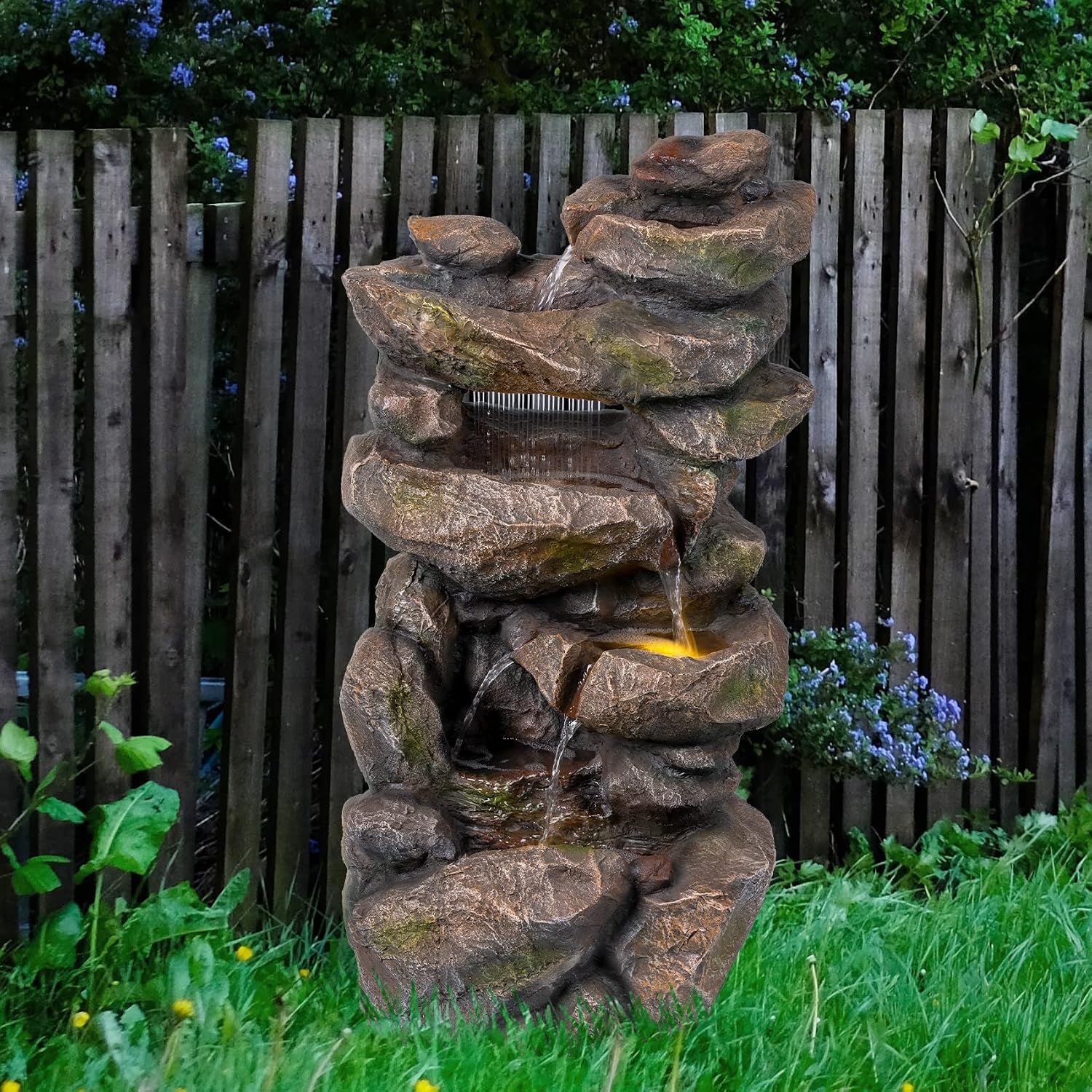 Ferrisland 31.5' Outdoor Rock Waterfall Fountain – 5-Tier Rustic Cascading Water Feature with LED Lights | Relaxing Flow & Ambient Glow for Garden, Patio, Yard | Stylish Home Decor Idea