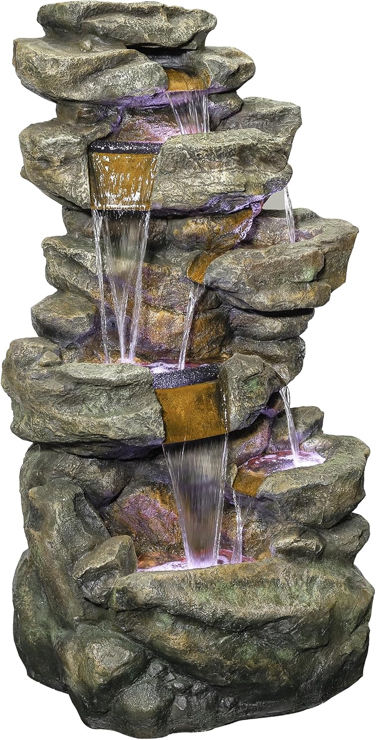 Alpine Corporation 51' Tall 6-Tier Outdoor Rainforest Waterfall Floor Fountain, Weather-Resistant Design with Color-Changing LED Lights & Remote Control, Gray