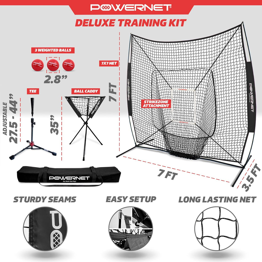 PowerNet Baseball Softball Practice Net 7x7 with Baseball Accessories for Practice Pitching, Batting & Fielding, Ball Caddy, Weighted Baseballs, Tee