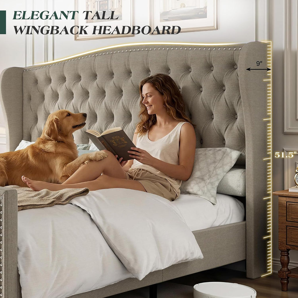 LUXOAK Queen Platform Bed Frame with Wingback Headboard, Velvet Upholstered Bed Frame with Handmade Button Tufted & Nailhead, Wooden Slats Support, Beige
