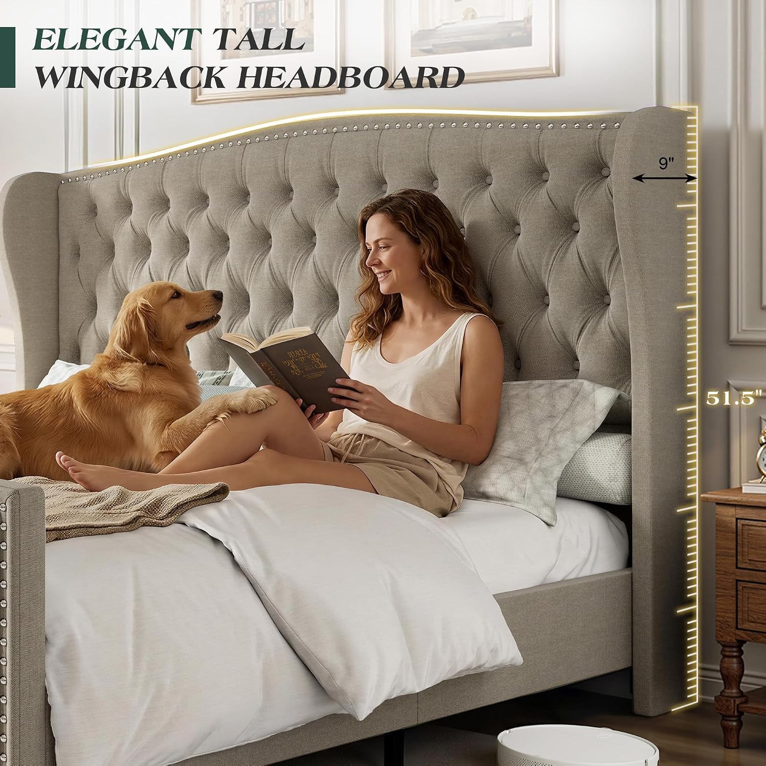 LUXOAK Queen Platform Bed Frame with Wingback Headboard, Velvet Upholstered Bed Frame with Handmade Button Tufted & Nailhead, Wooden Slats Support, Beige