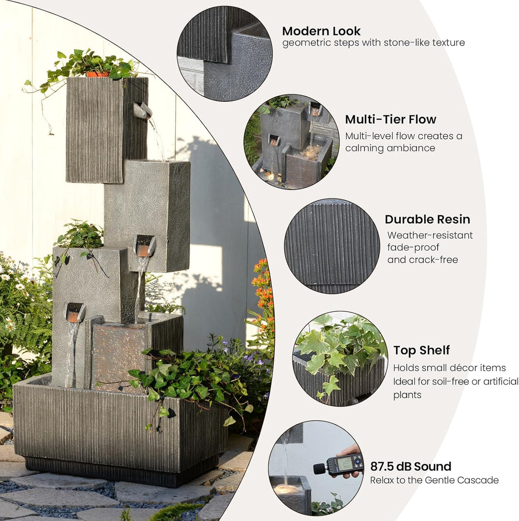 Tankana 42' H Outdoor Water Fountain Garden Waterfalls - Large Water Feature Geometric Stacking Waterfall Fountains Planter with Lights for Patio Backyard Deck Porch Deck and Home Decor, Gray