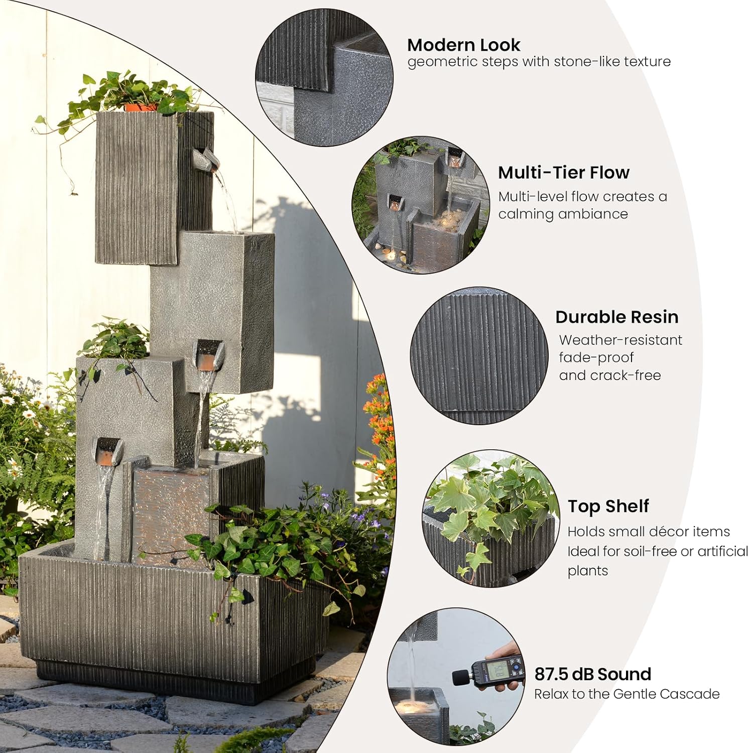 Tankana 42' H Outdoor Water Fountain Garden Waterfalls - Large Water Feature Geometric Stacking Waterfall Fountains Planter with Lights for Patio Backyard Deck Porch Deck and Home Decor, Gray