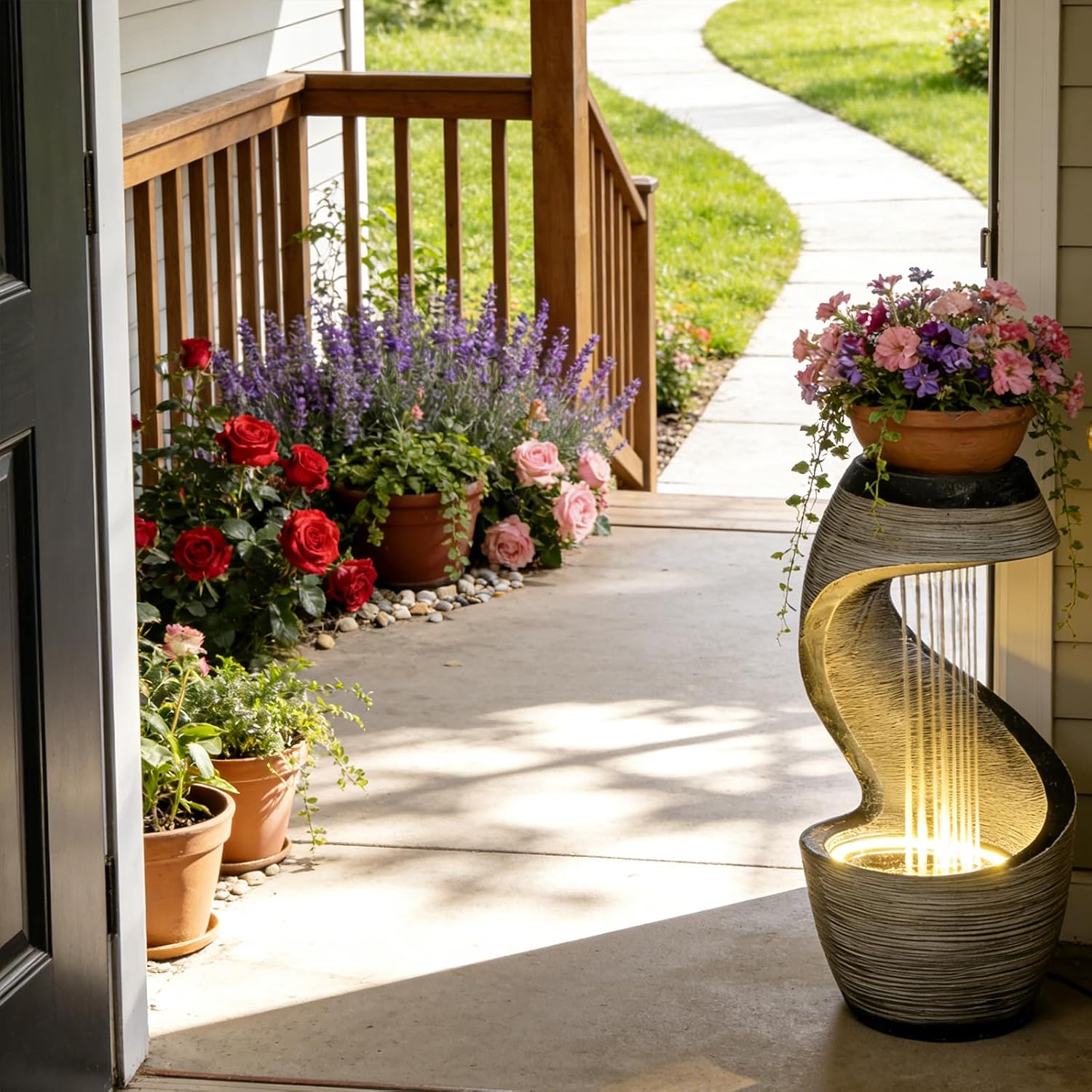37' S-Shaped Outdoor Water Fountain with LED Lights, Modern Resin Cascading Waterfall Feature for Garden, Patio, Backyard or Porch, Large Decorative Zen Water Feature – 21' L x 21' W x 37.9' H