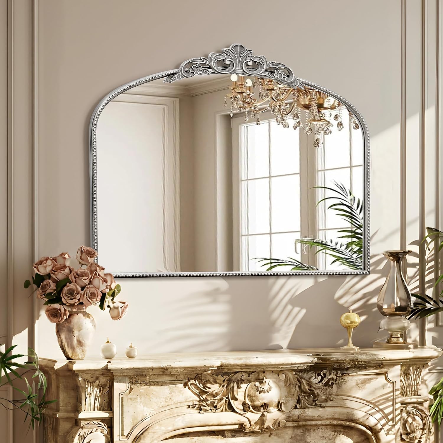 Micasso Large Vintage Silver Mirror: 40'x29' French Baroque Antique Arched Mirror - Traditional Ornate Decorative for Wall/Fireplace/Mantel/Entryway/Bathroom/Hallway - Home Decor for Living Room