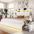 LARMACE Queen Size Bed Frame with 4 Storage Drawers and Bookcase Headboard, Faux Leather Upholstered, Wooden Platform Bed Frame with Charging Station and LED Lights, No Box Spring Needed, White