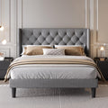 SHA CERLIN Full Size Upholstered Platform Bed Frame with Wingback Headboard, Tufted Linen Fabric, Wooden Slats Support, Easy Assembly, No Box Spring Needed, Light Grey