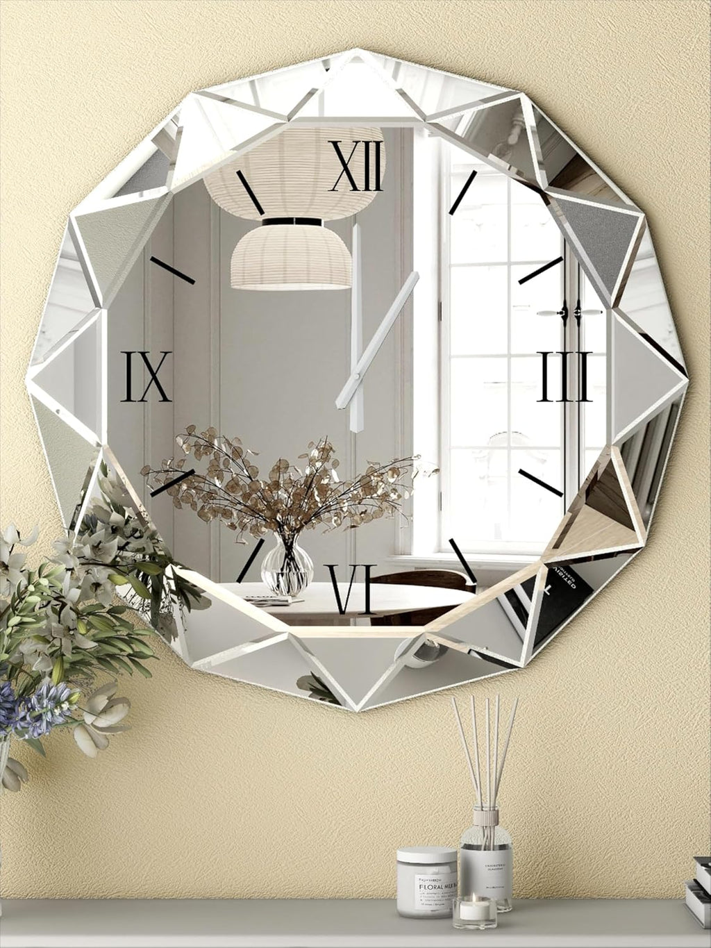 SHYFOY Decorative Wall Clock, 24 inch Mirrored Large Clock for Wall Decorative, Silver Modern Clock Silent Movement Glass Clocks for Living Room Decor