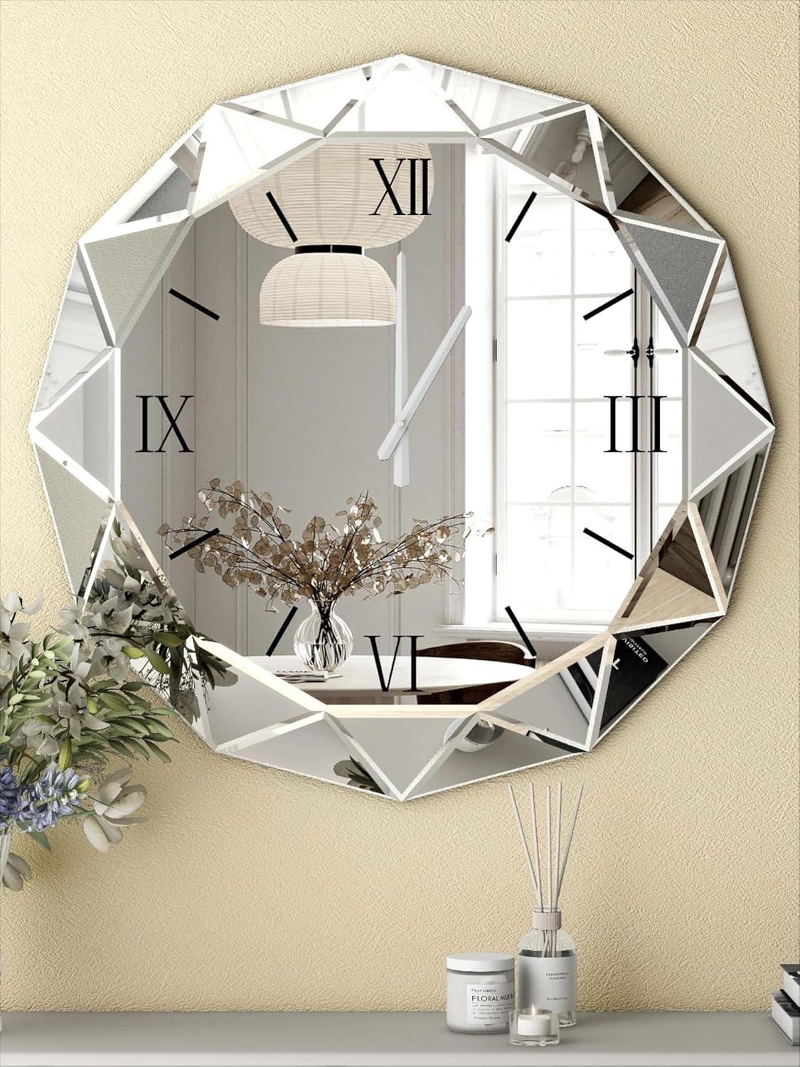 SHYFOY Decorative Wall Clock, 24 inch Mirrored Large Clock for Wall Decorative, Silver Modern Clock Silent Movement Glass Clocks for Living Room Decor