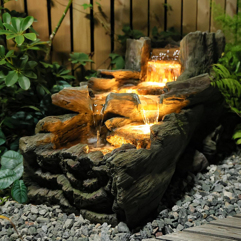 Sunlinua 34.5' L Garden Outdoor Water Fountain, Floor Standing Wood Imitation Resin Natural Waterfall Fountains with LED Lights for Patio, Porch, Home Art Decor