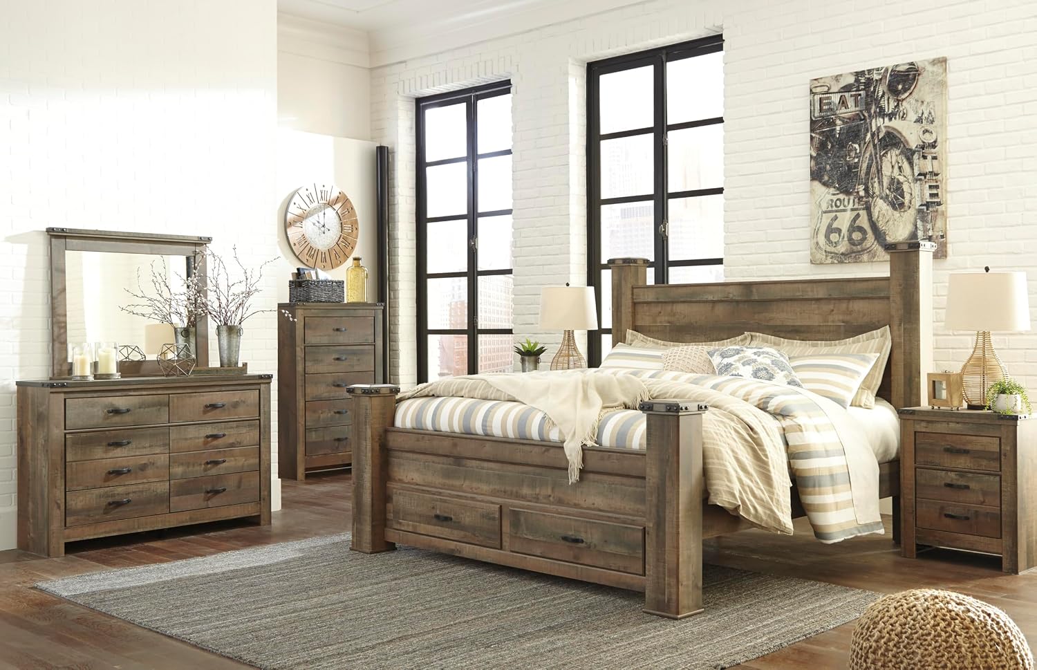 Signature Design by Ashley Trinell Rustic 5 Drawer Chest of Drawers with Nailhead Trim, Warm Brown