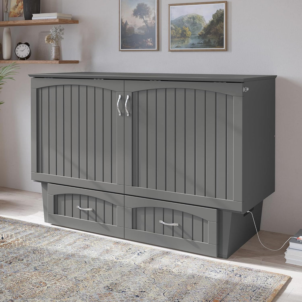 AFI, Nantucket Queen Murphy Bed Chest with Mattress, Storage Drawer and Built-In USB Charger, Grey