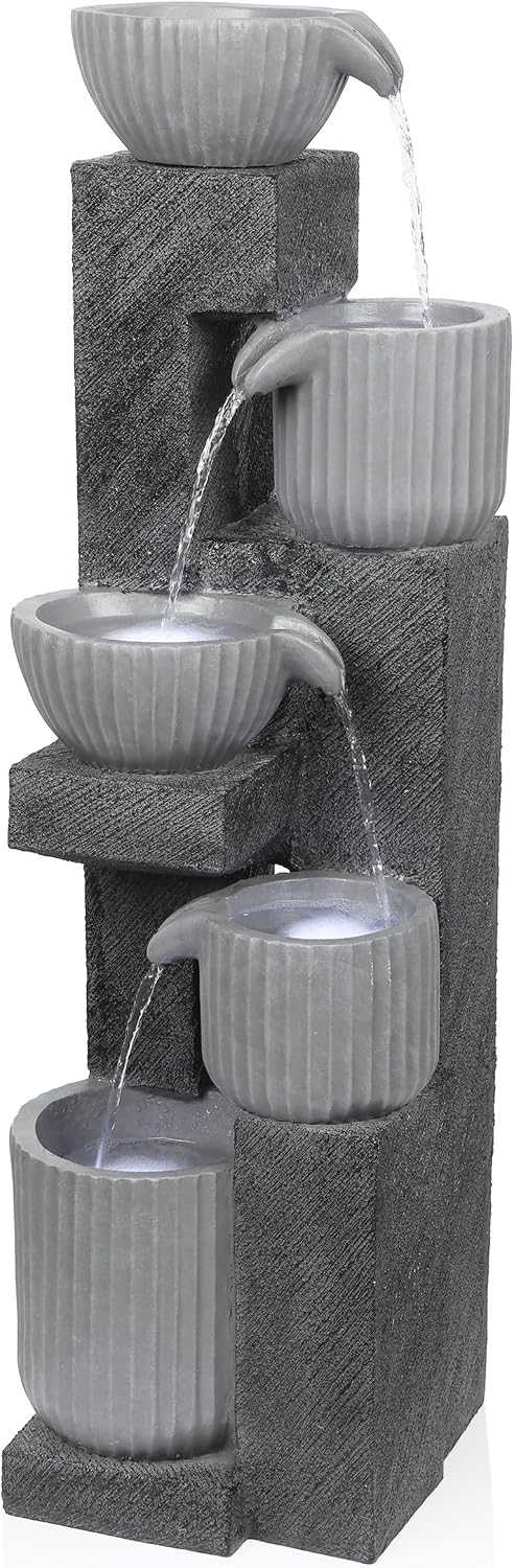 Alpine Corporation 40' Tall Outdoor 5 Tiered Pot Decorative Waterfall Floor Fountain with LED Lights, Perfect for Patios, Yards, and Landscaping, Gray