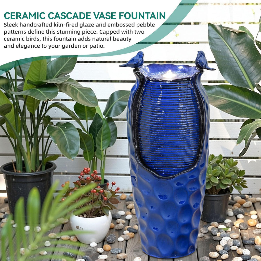 33' H Ceramic Jar Outdoor Water Fountain, Cobalt Blue Water Feature with Hammered Texture & Birds, Soothing Cascading Waterfall for Outside Garden Patio Yard Porch Decor, Mom Gift
