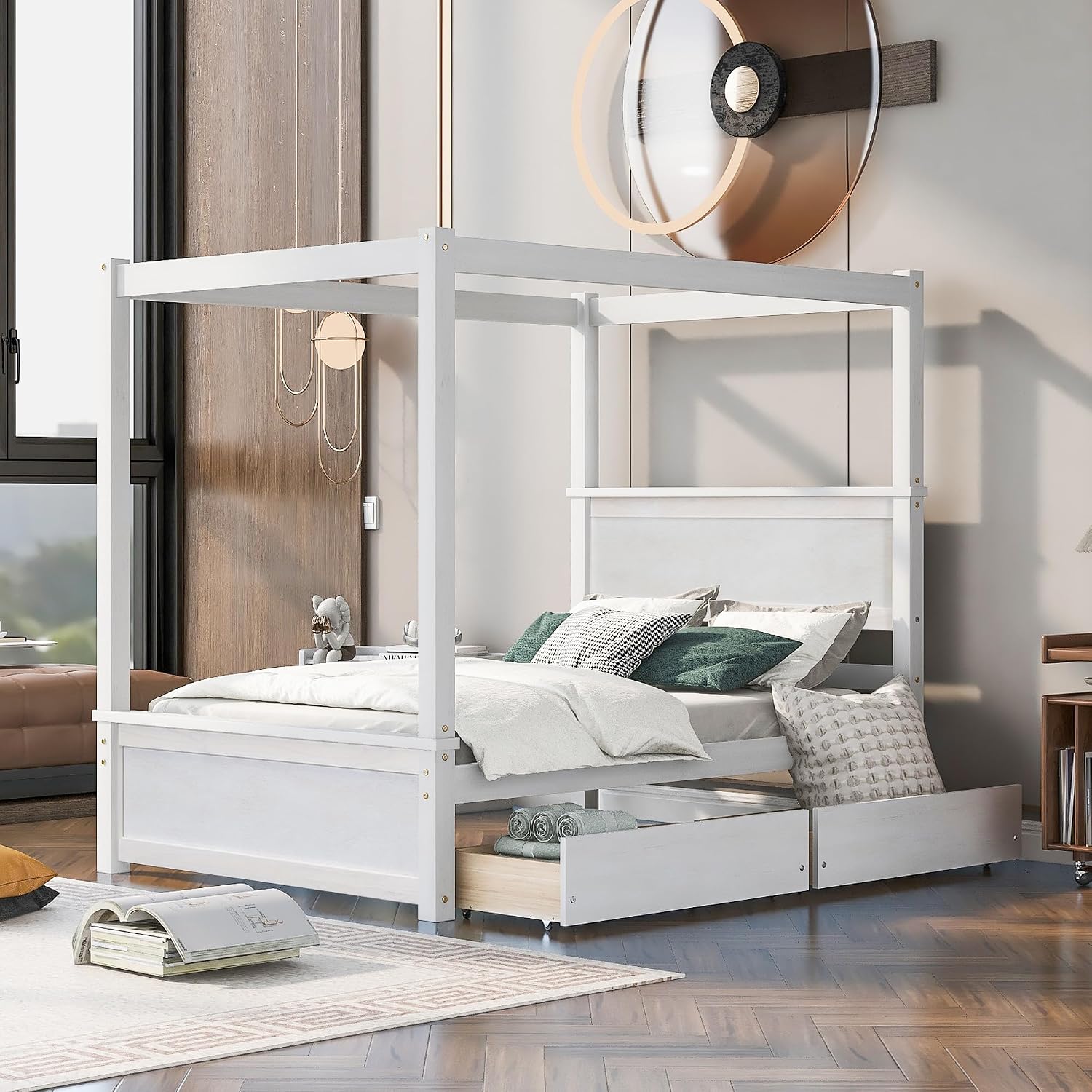 Harper & Bright Designs Wood Canopy Bed with Two Drawers, Full Size Canopy Platform Bed with Support Slats .No Box Spring Needed, Brushed White