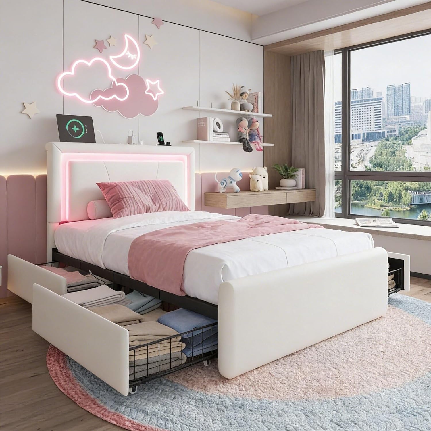 LoVinson Twin Size Bed Frame with 4 Storage Drawers, Charging Station and LED Light, Adjustable Upholstered Headboard, Noise-Free, No Box Spring Needed, Easy Assembly, White