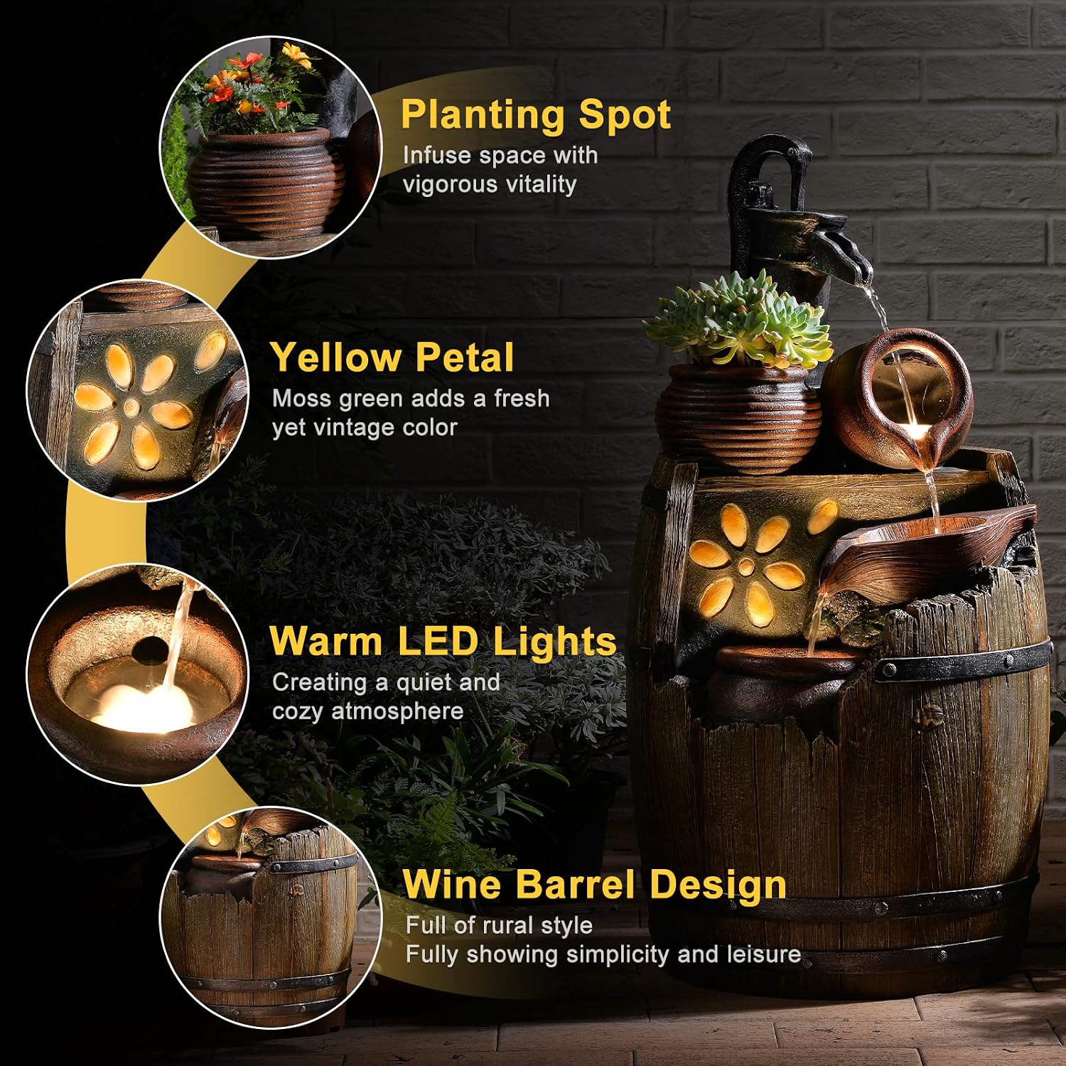 Water Fountain Outdoor 29' H Outside Floor 3 Tiered Rustic Barrel with Light, Pump for Garden, Patio, Deck, Porch, Backyard Home Decor