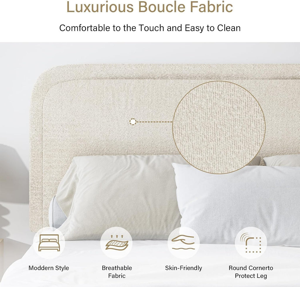 BarnFurin Boucle Upholstered California King Bed Frame/Soft Rounded Corners Headboard/Low Profile Bed Frame/No Box Spring Needed/Non-Slip and Noise-Free/Cream