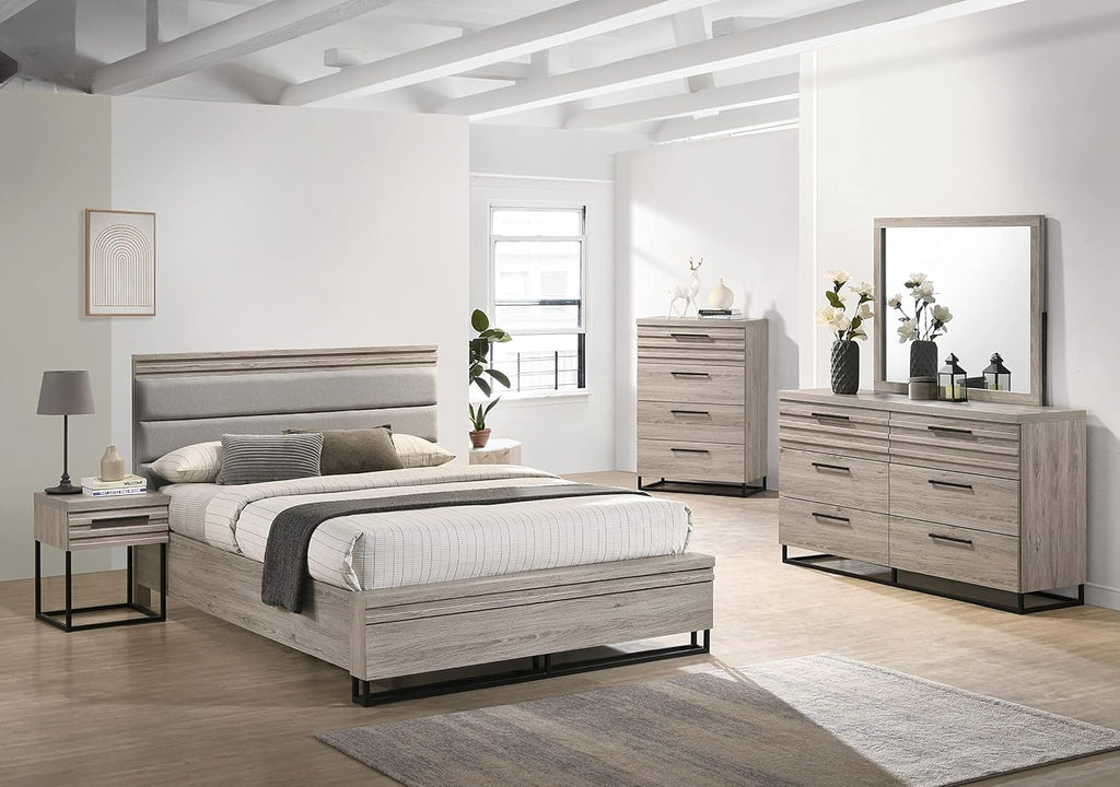 Roundhill Furniture Alvear Upholstered Wood Panel Bed, Dresser, Mirror, Nightstand, and Chest, Queen