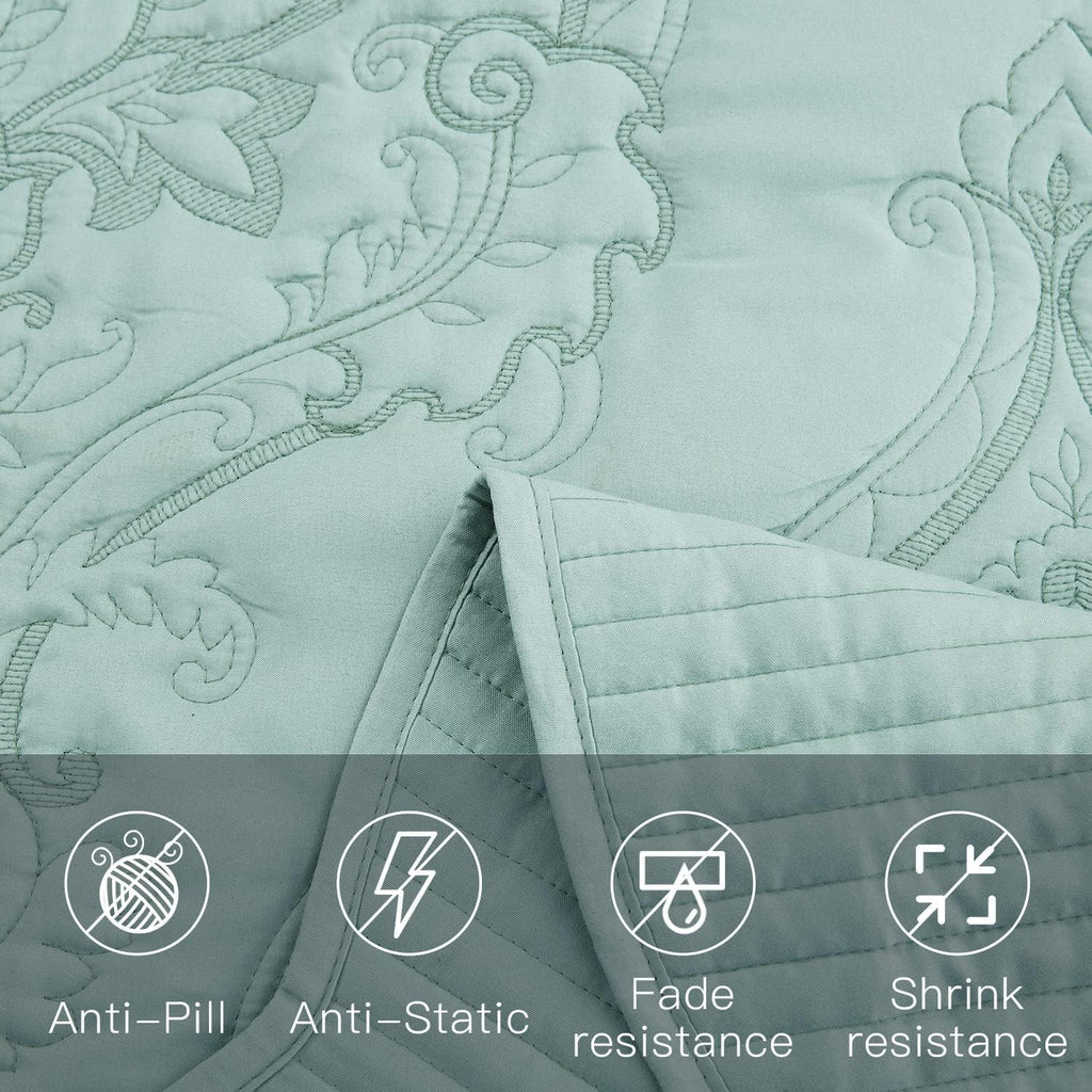CHIXIN Bedspread Coverlet Set Queen Size - Lightweight Bedding Cover - Beautiful Stitching - 5 Piece Reversible Bedspread - Gorgeous Damask Paisley Pattern (Queen, Seaglass)