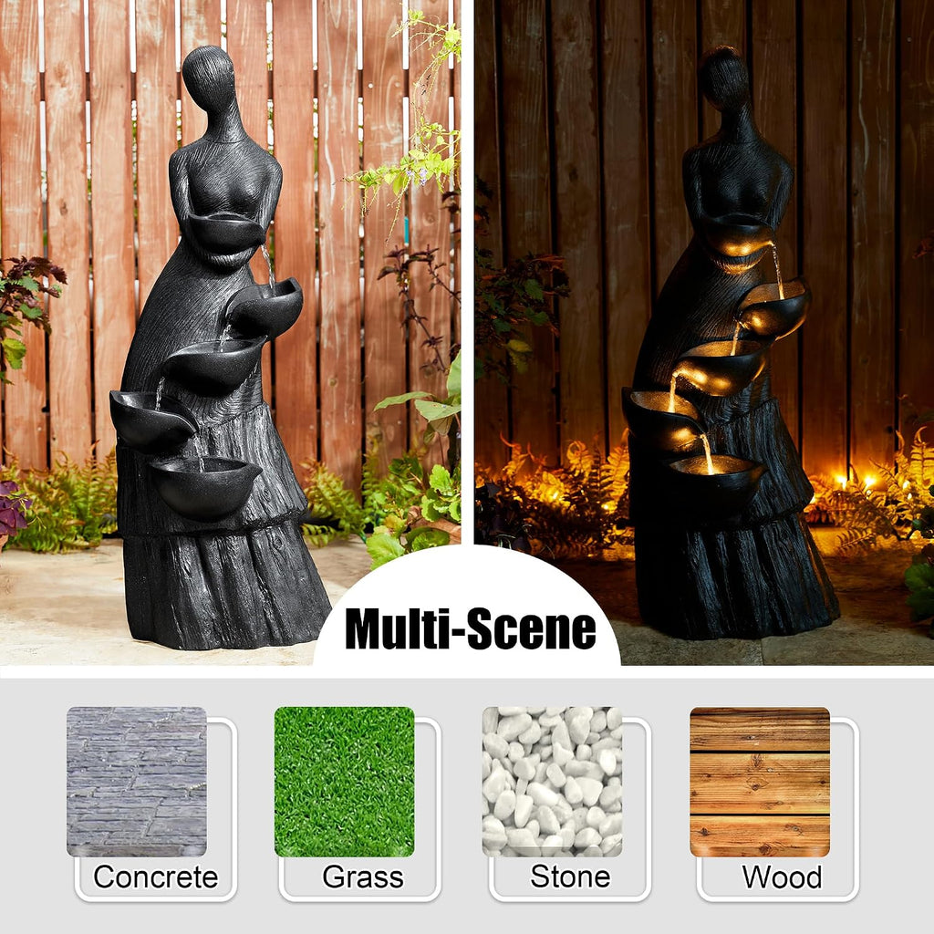 Glitzhome 39.75' H Modern Abstract Women Sculpture Outdoor Water Fountain, 5 Tier Woman Statue Waterfall Fountain with LED Lights and Pump for Porch Deck Garden Patio Backyard
