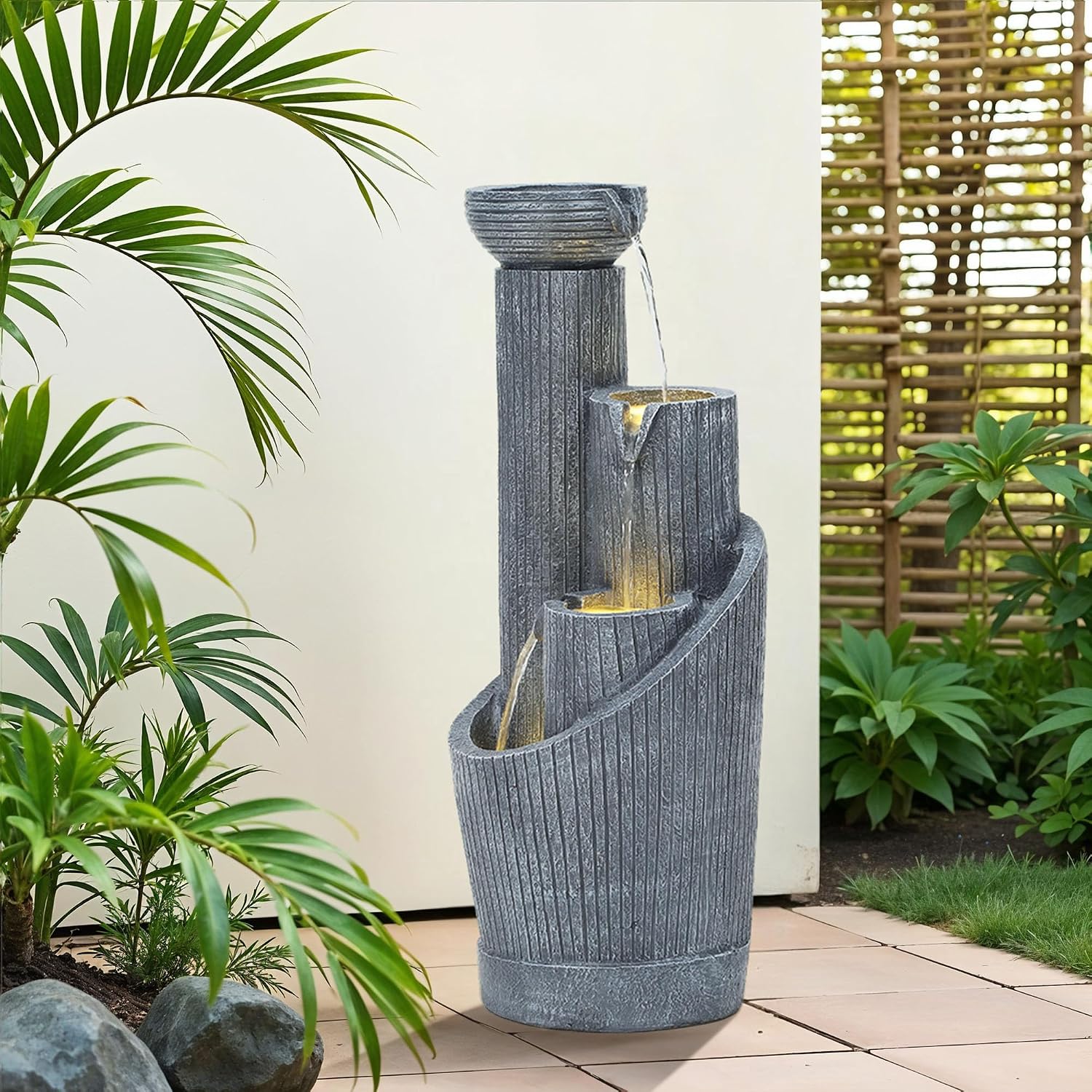 31' Modern Outdoor Water Fountain with LED Lights, 5-Tier Twist Pedestal Bowl Garden Fountain, Cascading Waterfall for Relaxing Garden, Patio, Backyard, Deck, Porch or Home Decor