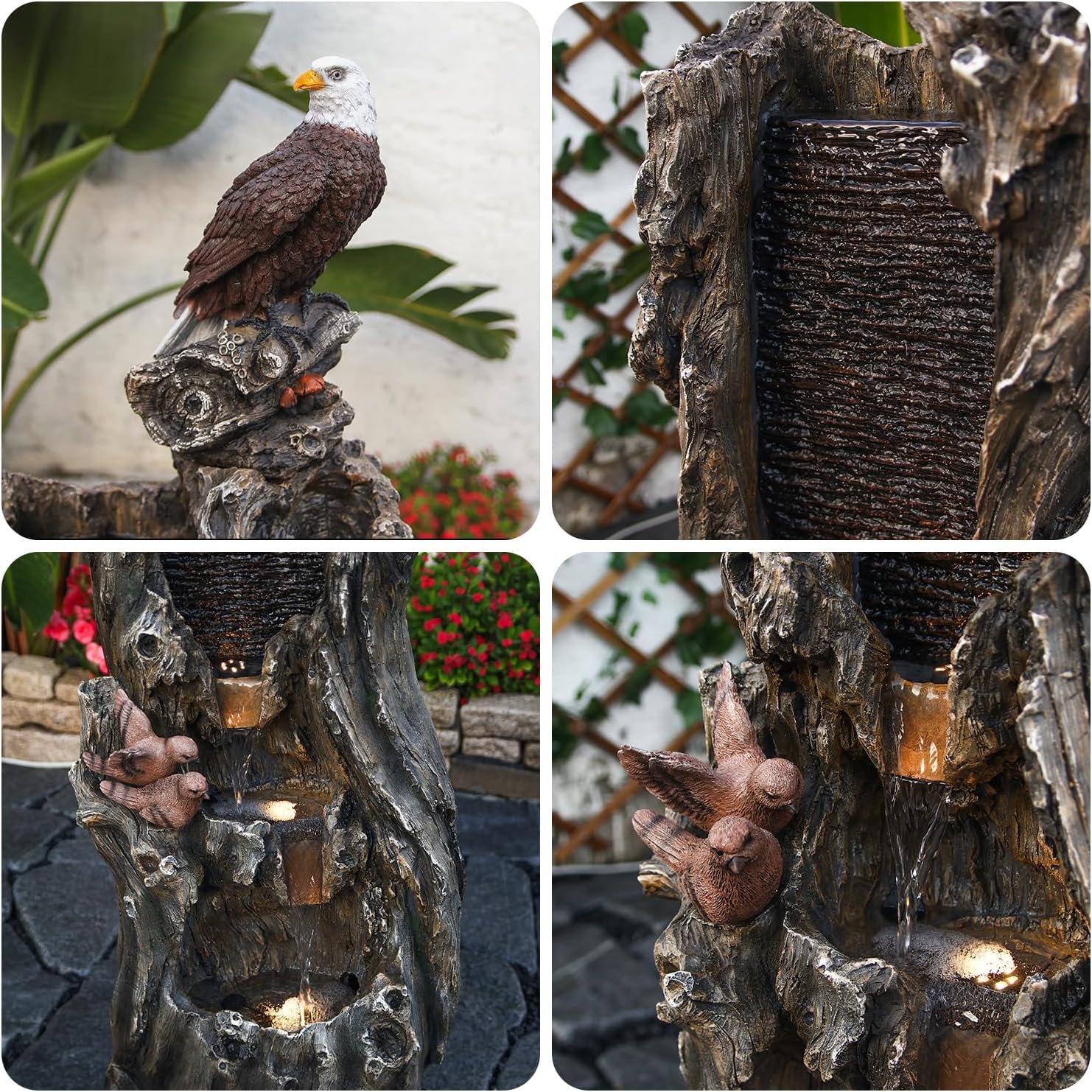 YZM 50.79' H Outdoor Rainforest Waterfall Tree Trunk Fountain with Bald Eagle Outdoor Cascading Water Feature for Garden Patio Backyard Landscape Décor 3-Tier Water Fountains
