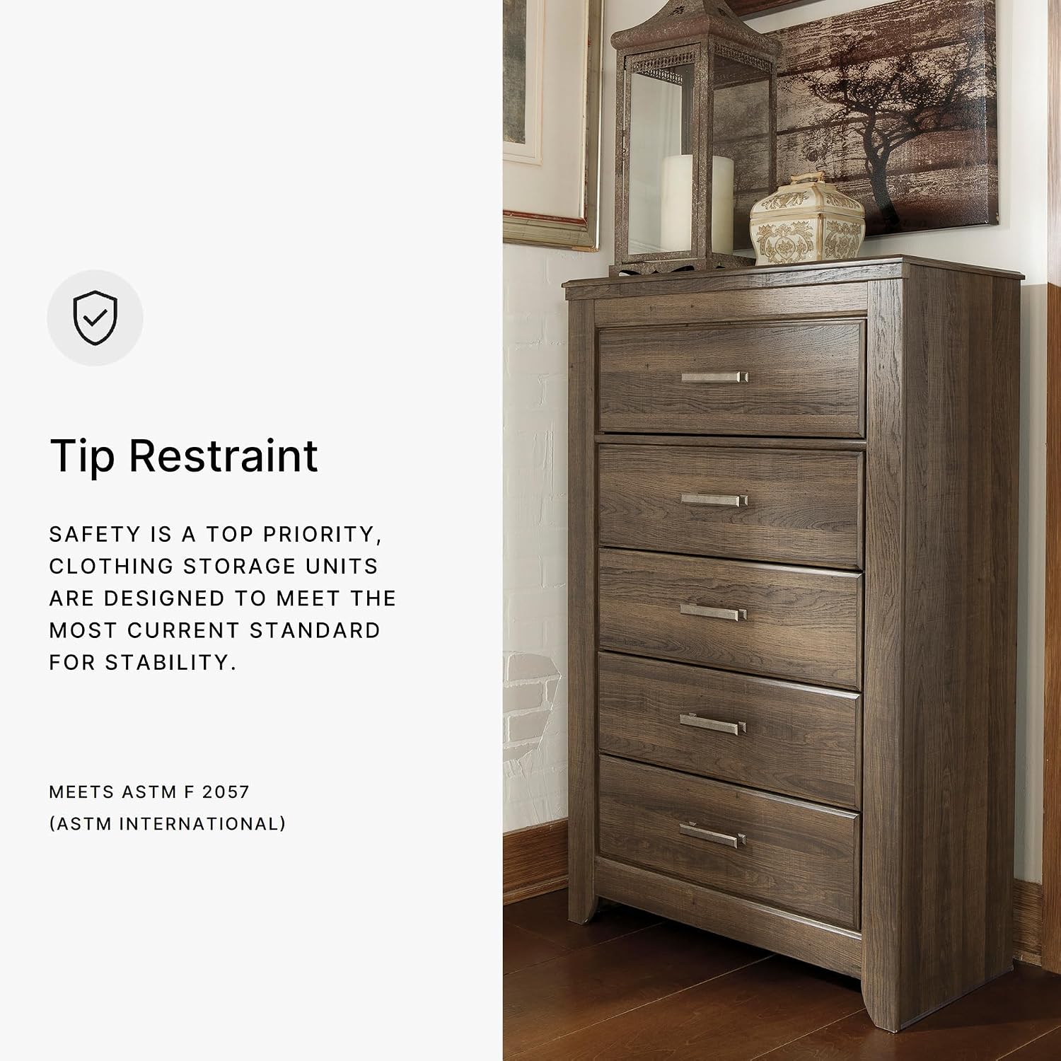 Signature Design by Ashley Juararo Rustic 5 Drawer Chest of Drawers, Aged Dark Brown
