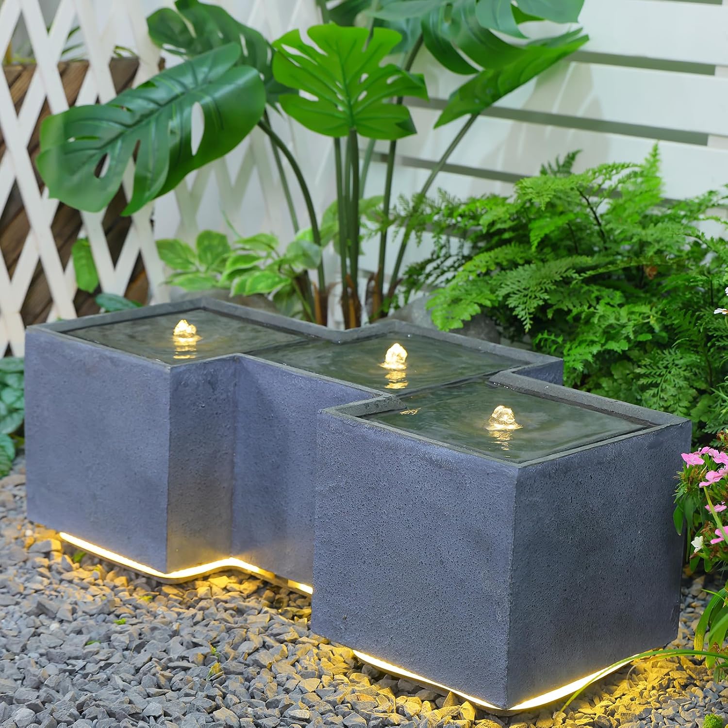 Sunlinua Small Modern Outdoor Water Fountain with 3 Led Lights Tiered Cascading Waterfall Feature with Quiet Pump Floor Water Fountain for Patio Garden Backyard Decking Home and Indoor Décor Brown