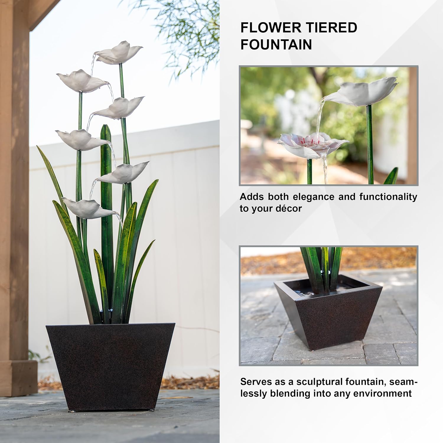 XBrand 39-Inch Freestanding Sculptural Metal Multi-Tier Flower Water Fountain with LED Lights, Multicolored