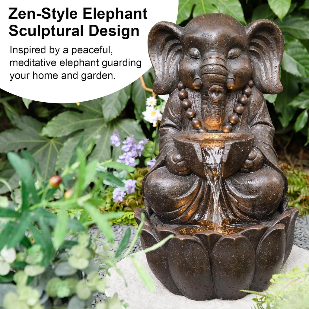 Glitzhome Outdoor Fountains, Water Fountains Outdoor with Lights&Pump, 21.75' H 2-Tiered Zen-Style Bronze Polyresin Elephant Garden Fountain Floor Standing Waterfall for Patio, Porch, or Yard Decor