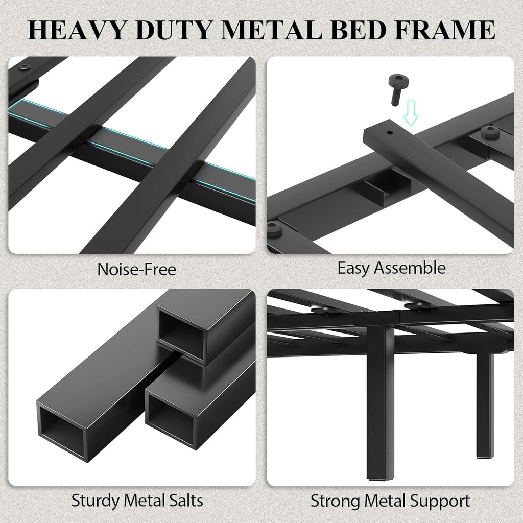 LOEWAY King Size Platform Bed with 2-Tier Storage Headboard, Metal Bed Frame with Charging Station & LED Light, Heavy Duty Metal Slats, No Box Spring Need, Noise Free, Grey