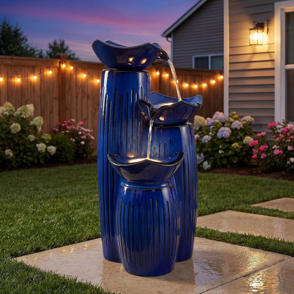 30' H Ceramic Outdoor Water Fountain with LED Lights, 3-Tier Cascading Lotus Bowls Water Feature, Tranquil Waterfall for Relaxing Garden, Patio, Yard, Cobalt Blue, Vertical Striped Texture