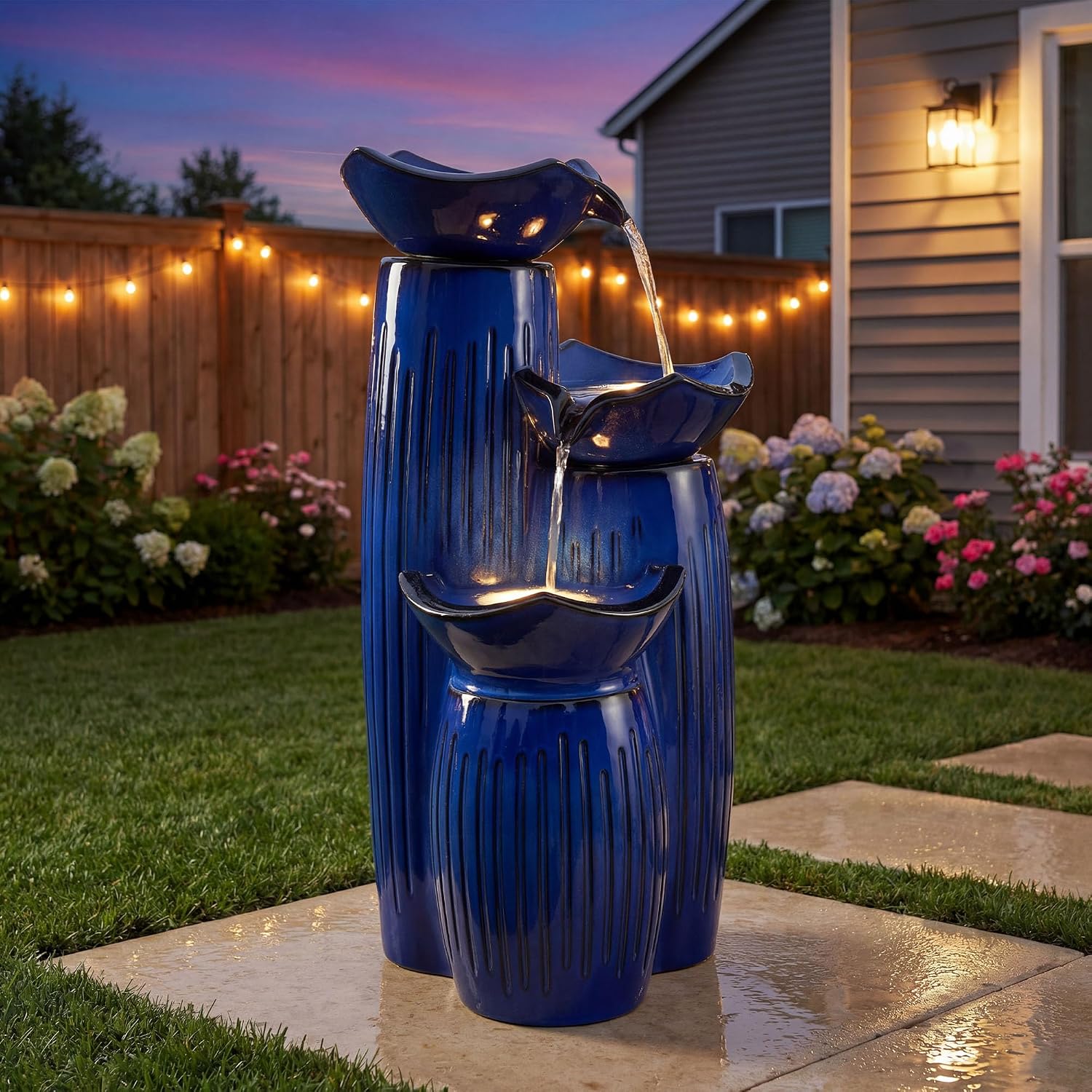 30' H Ceramic Outdoor Water Fountain with LED Lights, 3-Tier Cascading Lotus Bowls Water Feature, Tranquil Waterfall for Relaxing Garden, Patio, Yard, Cobalt Blue, Vertical Striped Texture