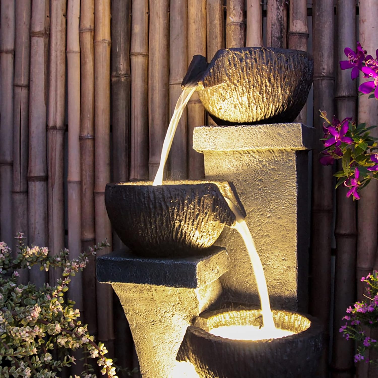 Outdoor Garden Water Fountain for Garden Patio Backyard Deck Porch and Home Art Decor 4 Tiers Modern Cascading Outdoor Fountains with Lights 37.4'H