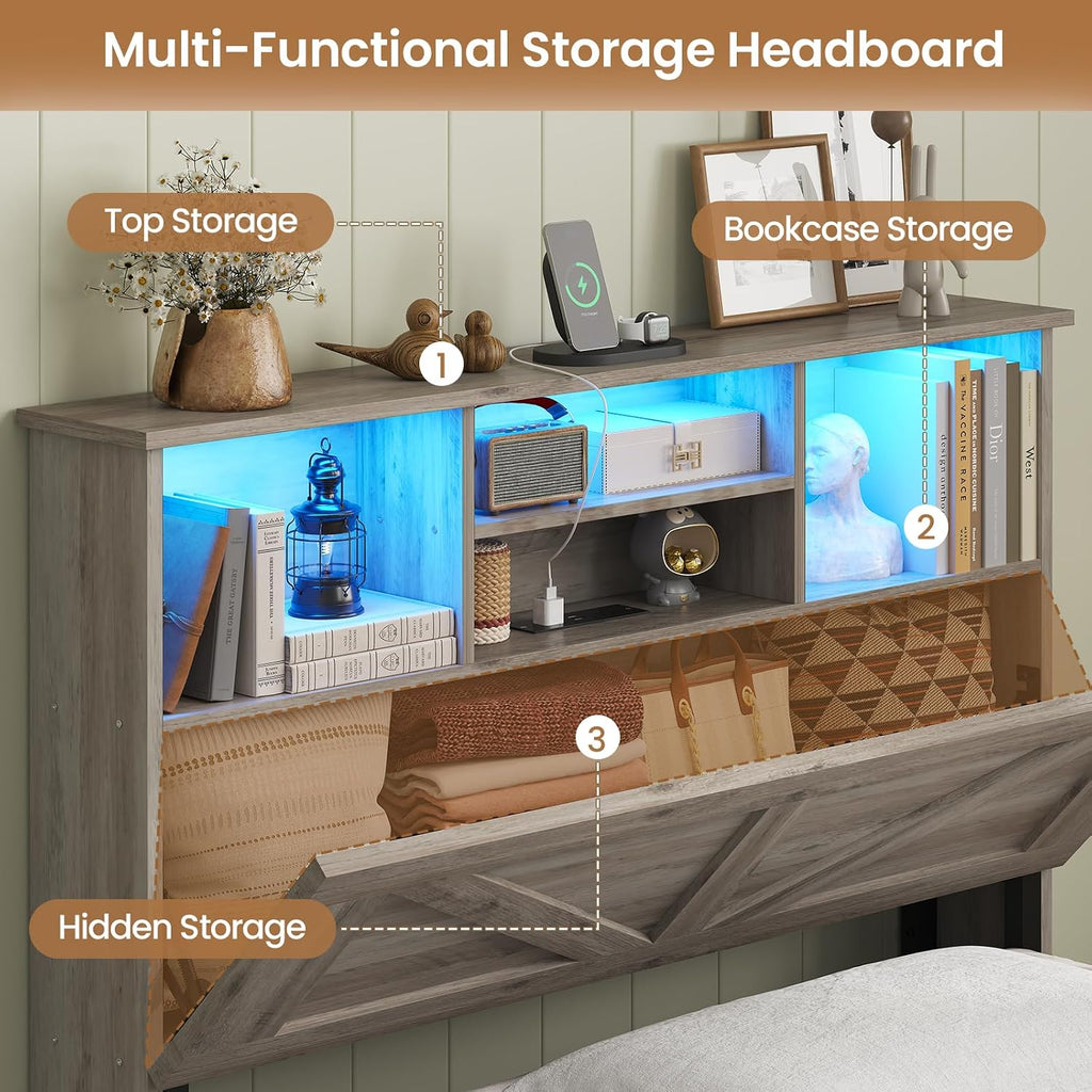AOGLLATI Twin Bed with Storage Bookcase Headboard and 4 Drawers,Wooden Farmhouse Twin Bed Frame with Charging Station, Led Lights & Metal Slats,Grey