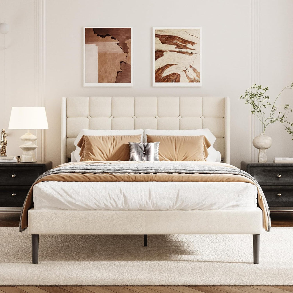 Full Size Bed Frame with Wingback Headboard, Velvet Upholstered Platform Bed Frame with Button Tufted Headboard, Wooden Slats Support, No Box Spring Needed, Noise Free, Easy Assembly, Beige