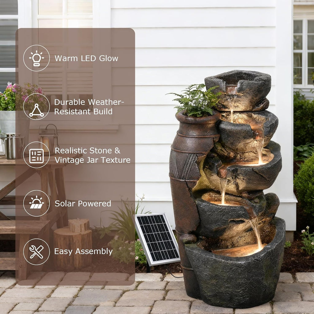 5 Tier Rock Solar Water Fountain Outdoor with Vintage Jar, Cascading Waterfall Fountain with LED Lights, Outdoor Fountains for Garden or Patio, Yard, Deck Decor, 16.5' L x 12.6' W x 31.7' H