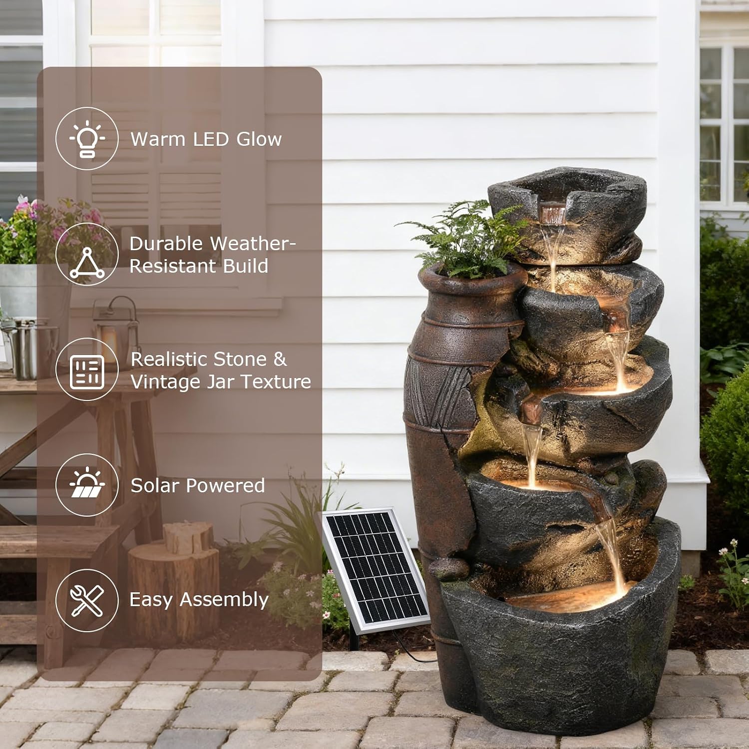 5 Tier Rock Solar Water Fountain Outdoor with Vintage Jar, Cascading Waterfall Fountain with LED Lights, Outdoor Fountains for Garden or Patio, Yard, Deck Decor, 16.5' L x 12.6' W x 31.7' H