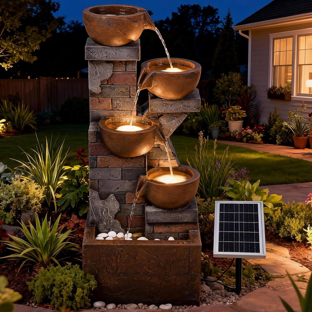 5 Tiers Solar Outdoor Water Fountain - 33.5' H Shape K Indoor Waterfall Fountain with LED Lights for Patio, Balconies, Lawns, Deck, Porch Backyard and Home Art Decor