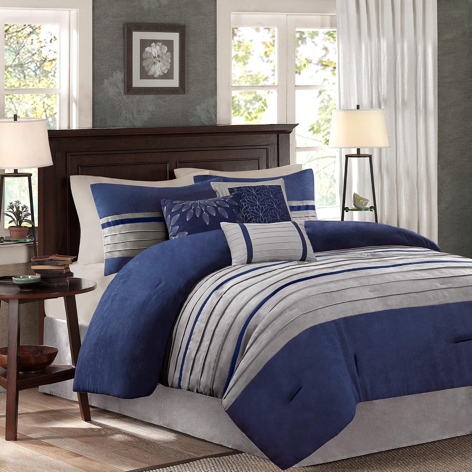 Madison Park Cozy Comforter Set-Luxury Faux Suede Design, Striped Accent, All Season Down Alternative Bedding, Matching Shams, Decorative Pillow, Blue, California King (104 in x 92 in)