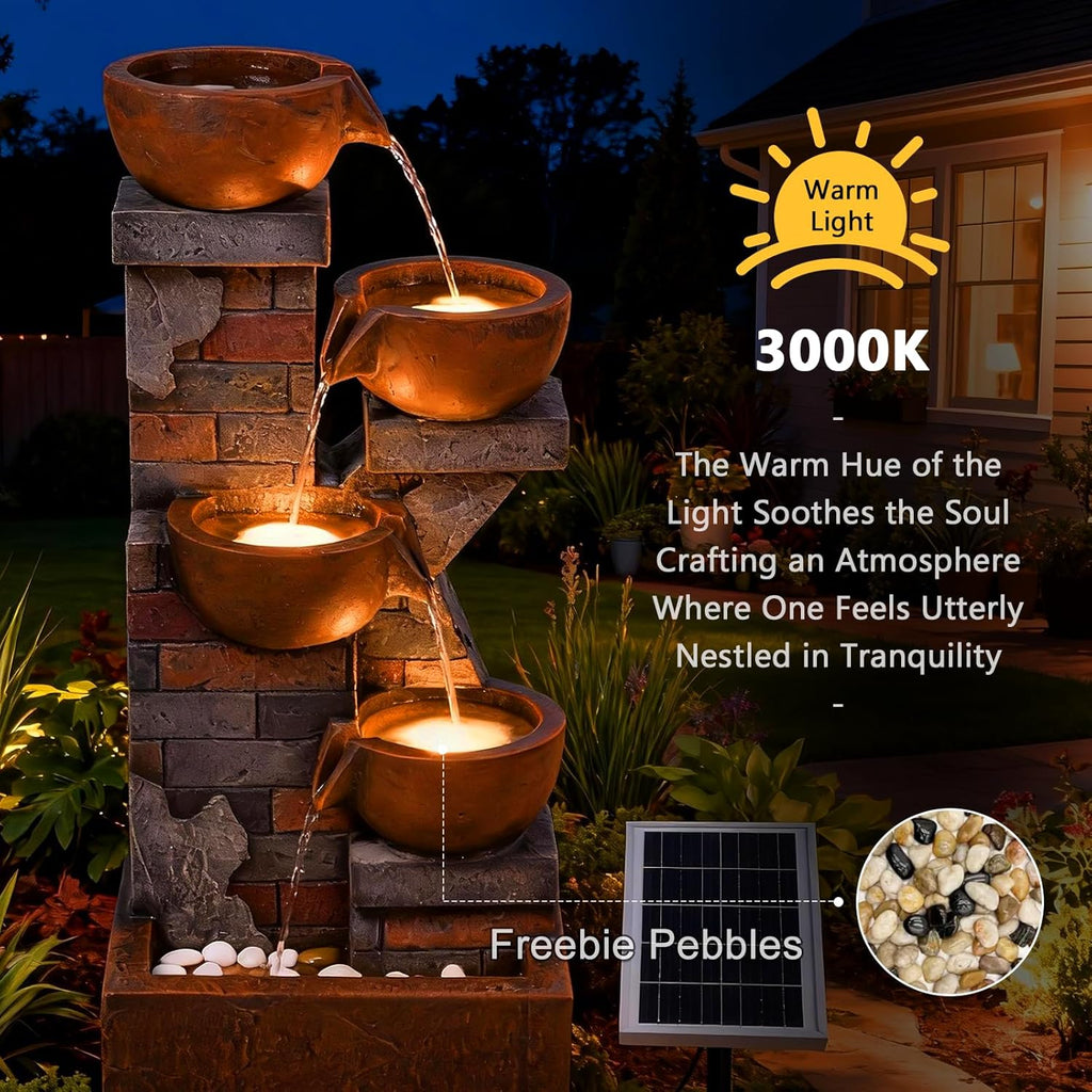 5 Tiers Solar Outdoor Water Fountain - 33.5' H Shape K Indoor Waterfall Fountain with LED Lights for Patio, Balconies, Lawns, Deck, Porch Backyard and Home Art Decor
