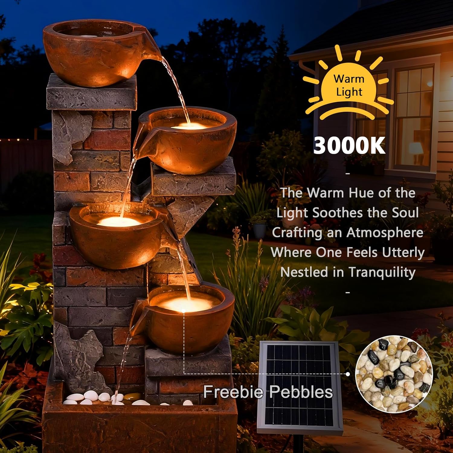 5 Tiers Solar Outdoor Water Fountain - 33.5' H Shape K Indoor Waterfall Fountain with LED Lights for Patio, Balconies, Lawns, Deck, Porch Backyard and Home Art Decor