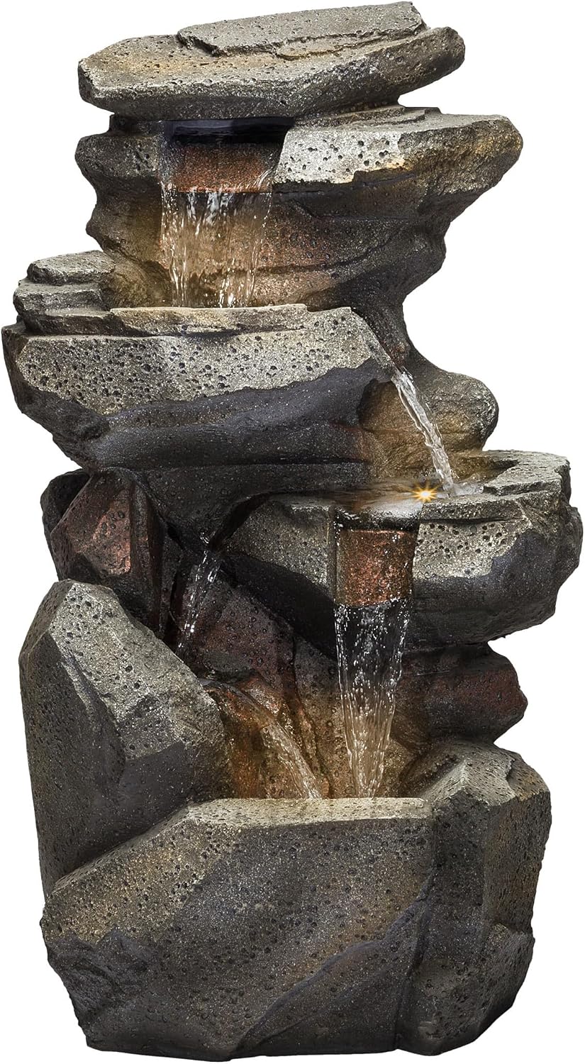 Alpine Corporation 40' Tall Outdoor Multitiered Rock Waterfall Floor Fountain with LED Lights, Natural Stone Look, Cascading Water Feature for Gardens, Patios, and Yards, Gray